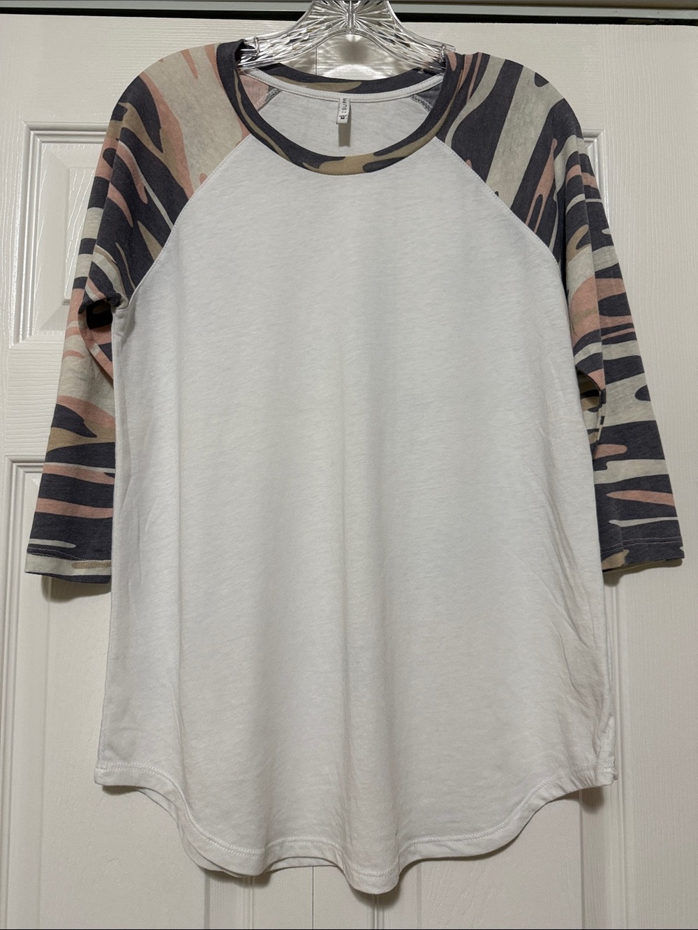 Z Supply White Raglan Top with Pink and Charcoal Camo Sleeves